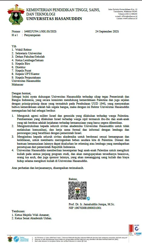 Teks Surat Penyampaian Rektor Universitas Hasanuddin.